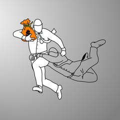 businessman protecting money from others vector illustration doodle hand drawn with black lines isolated on gray background. Business concept.