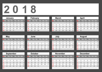Calendar 2018 year simple style. Week starts from Sunday