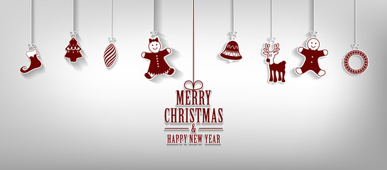 Marry Christmas and Happy New Year greeting card with hanging Christmas elements Vector background
