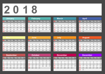 Calendar 2018 year simple style. Week starts from Sunday