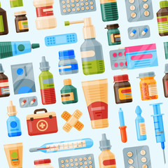 Medical instruments first-aid set outfit medicine chest and doctor tools flat medicament medication hospital health treatment vector illustration seamless pattern background