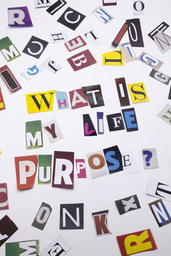 A word writing text showing concept of WHAT IS MY PURPOSE made of different magazine newspaper letter for Business case on the white background with copy space
