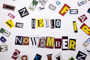 A word writing text showing concept of NOWEMBER HELLOW made of different magazine newspaper letter for Business case on the white background with copy space