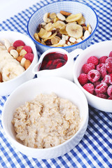 Healthy vegetarian cereal breakfast. Nuts, raisin, fruit and dry fruit pieces.