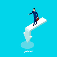 a man in a business suit with a bandage in his eyes walking along the arrow, an image in isometric style