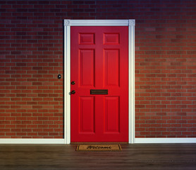 Bright red front door and welcome mat with wood porch floor. - Powered by Adobe
