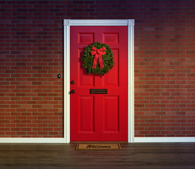 Christmas wreath on bright red front door with welcome mat.