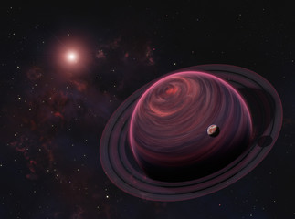 Alien Gas Giant Planet with Rings and Red Moon on Nebula Background. Elements of this image furnished by NASA.