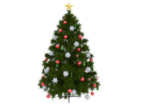 green christmas tree with christmas balls decoration white and red and a silver ribbon 3d rendering