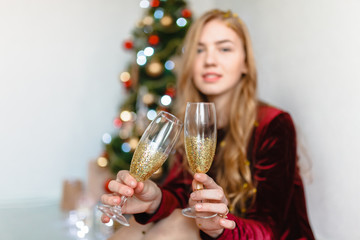 Christmas Woman. Portrait of a girl. Girl smiling. Girl celebrates Christmas