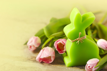 Easter card with pink tulips and bunny decoration