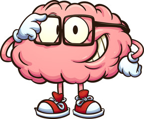 Nerdy cartoon brain adjusting glasses. Vector clip art illustration with simple gradients. All in a single layer.  © Memoangeles