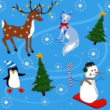 Reindeer, snowman, arctic fox and penguin around Christmas tree, seamless pattern. © Billy K