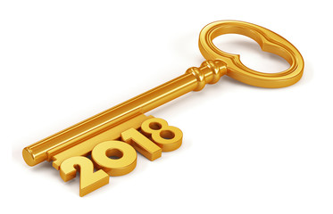 Gold 2018 key isolated on white background. 3d render illustrations.