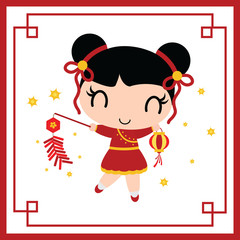 Cute Chinese girl plays firecrackers vector cartoon illustration for Chinese New Year card design, postcard, and wallpaper