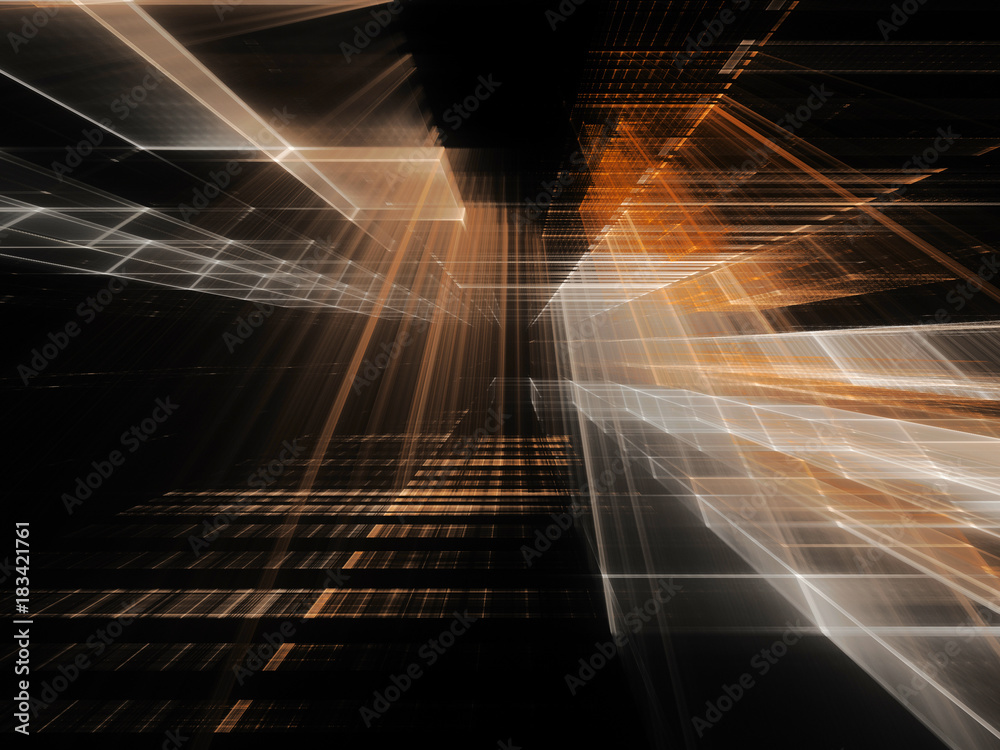 Poster Abstract orange background element on black. Perspective composition of grids and matrix patterns. Detailed fractal graphics. Information technology concept.
