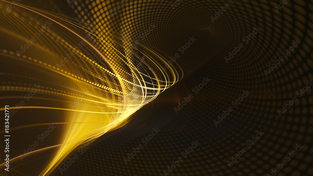 Poster Abstract golden background element on black. Fractal graphics. Three-dimensional composition of glowing lines and mosaic halftone effects. Wide format high resolution image.
