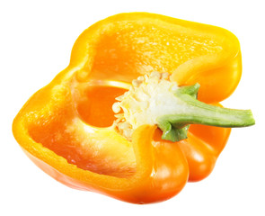 Orange sweet pepper cut in half inside longitudinal section isolated on white background