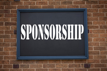Conceptual hand writing text caption inspiration showing announcement Sponsorship. Business concept for  Word Cloud Concept written on frame old brick background with copy space