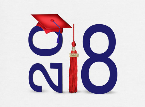 red 2018 graduation cap and tassel with dark blue text on textured white background