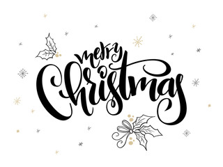 vector hand lettering christmas greetings text -merry christmas - with holly leaves and snowflakes