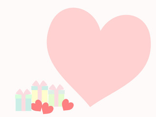 Cluster of lovely gift boxes and three little pink hearts on pastel color tone. Big heart is copy space for texting or writing the word.