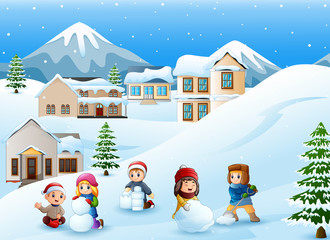 Cartoon kids playing in the snow