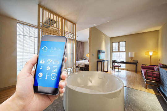 smart phone with smart home with modern bathroom