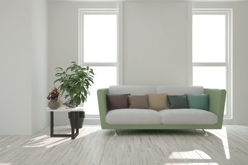 Fototapeta premium Idea of white minimalist room with sofa. Scandinavian interior design. 3D illustration