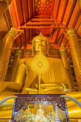 The large beautiful golden buddha statue in church of Wat Phananchoeng.