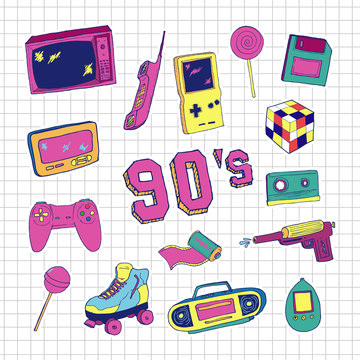  Set of elements in trendy 80s-90s hand-drawn style