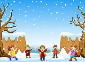 Happy kid singing in the snowing hill