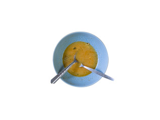 Top view of empty plate, dirty after the meal is finished isolated on white background