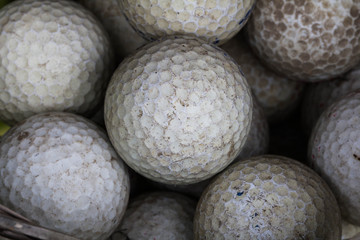 Close-up Many Old White golf ball texture. Abstract background