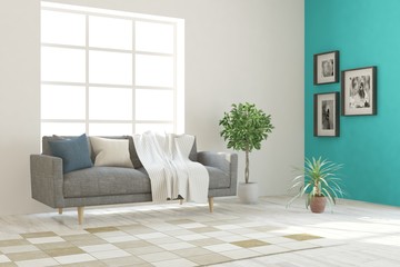 Idea of white minimalist room with sofa. Scandinavian interior design. 3D illustration