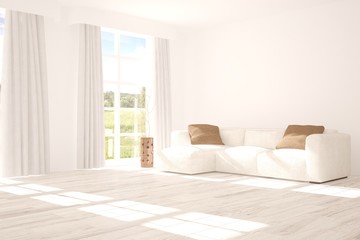 Idea of white room with sofa and summer landscape in window. Scandinavian interior design. 3D illustration