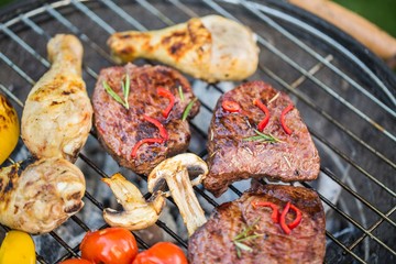 Steak, chicken, mushrooms and tomatoes cooking on a charcoal