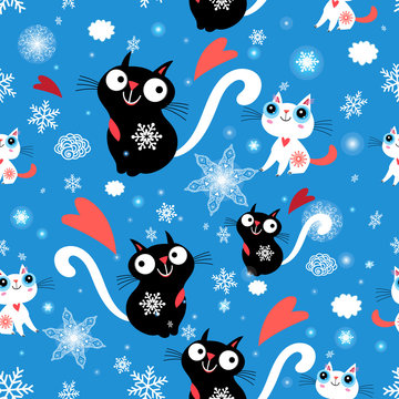 Seamless christmas pattern of cats and snowflakes