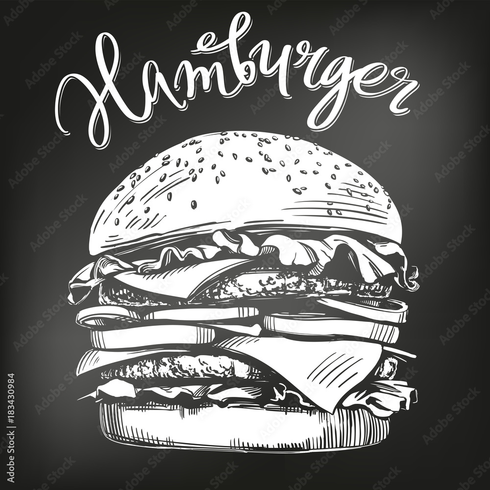 Wall mural big burger, hamburger hand drawn vector illustration sketch. chalk menu. retro style