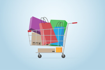 shopping cart full of boxes and bags, flat design