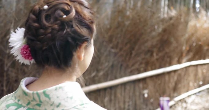 Following young beautiful Japnese woman in bamboo forest.