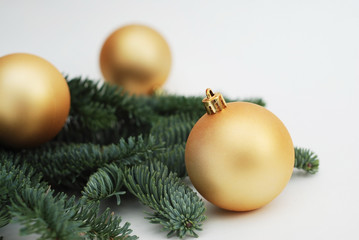 Christmas Background with Copy Space. Golden Cristmas Tree globes or Balls with Fir Branches Isoalted. Festive Greeting card.