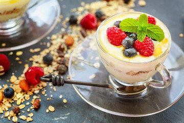 Natural yogurt dessert with fresh berries and muesli, cereal