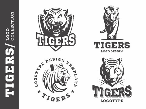 Tigers black and white - logo, icon, illustration collection on white background