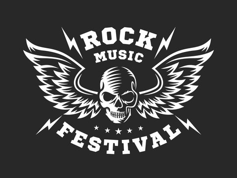 Skull and wings for rock music festival - logo, illustration on a dark background