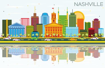 Fototapeta na wymiar Nashville Skyline with Color Buildings, Blue Sky and Reflections.