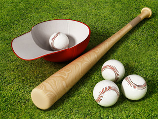 Baseball cap, ball and bat standing on grass field. 3D illustration