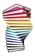 Books. A lot of books with bright covers in one pile isolated on white background. Design element, paper and leather texture. Colorful books on the shelf, close up