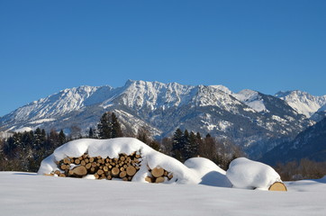 Fototapeta na wymiar Landschft mit Stapel Holz im Winter in den Alpen, Bayern