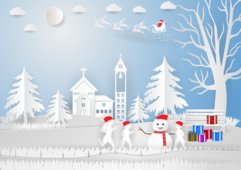 paper art style, winter season with snowflake, house, child and snowman, Vector illustration of Merry Christmas, Graphic design